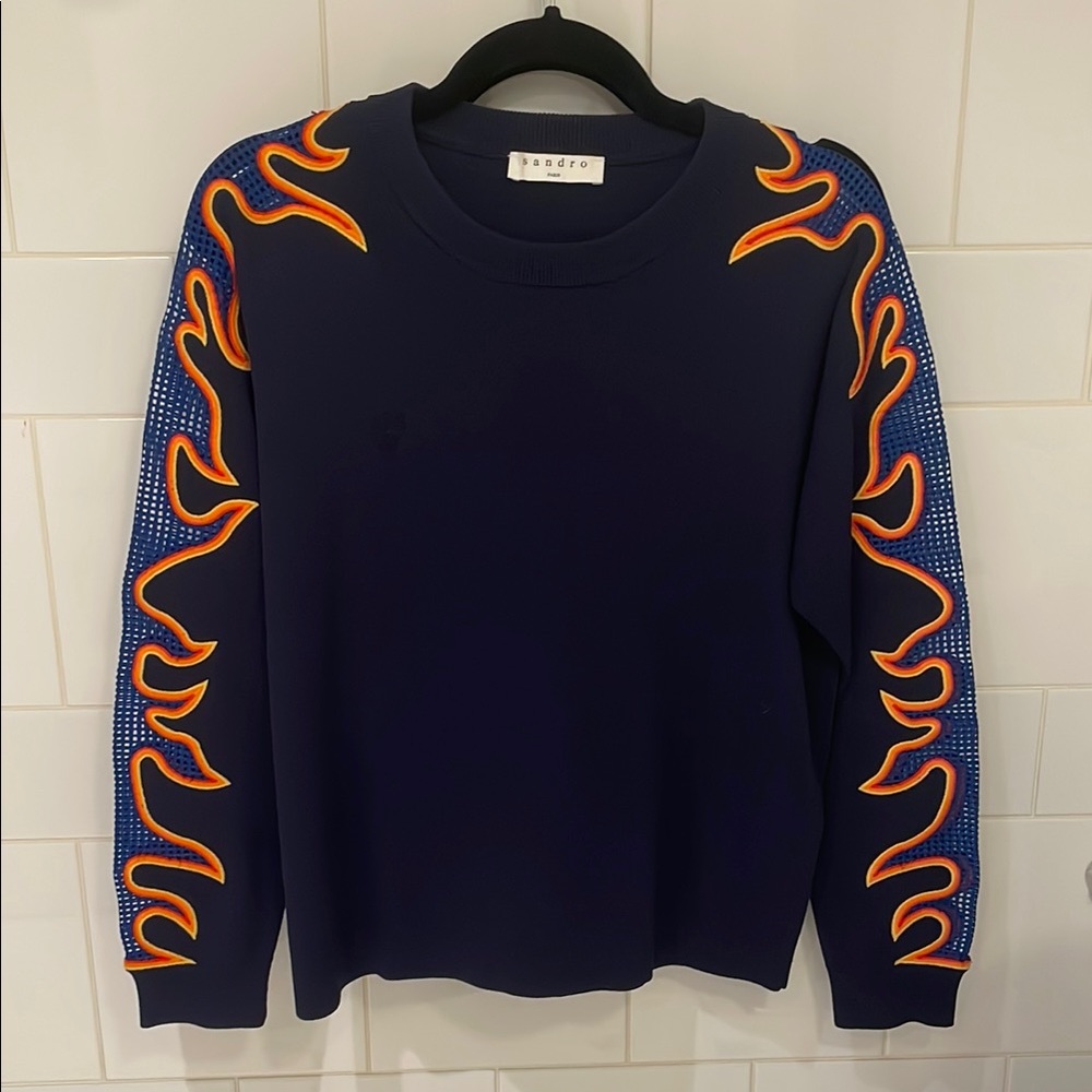 Sandro Navy Flame Embroidered Sweater